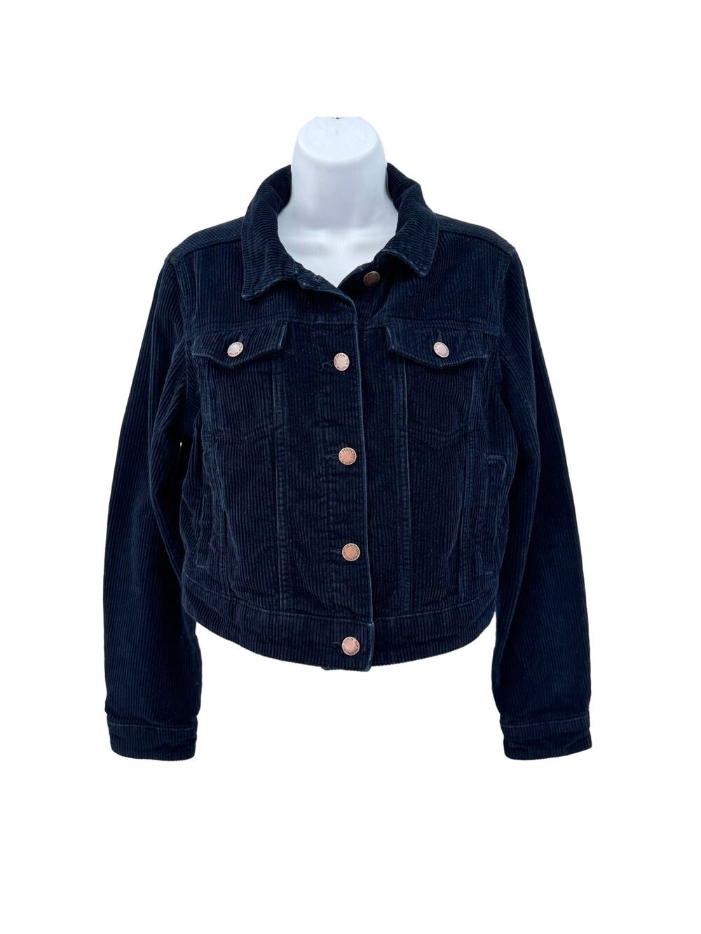 Dip Navy Blue Corduroy Cropped Jacket Womens L Button Front Regular Fit Collared
